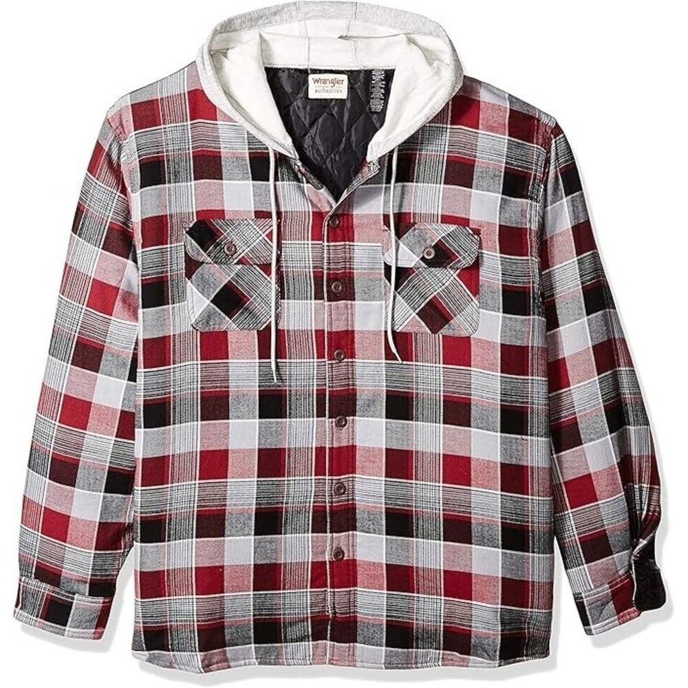 Wrangler Authentics Mens Quilted Lined Flannel Shirt Jacket Hood Red ZHEEP2R S